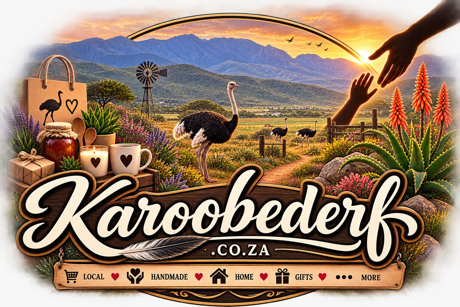Karoobederf landscape with Karoo mountains, local goods, ostriches and aloe plants